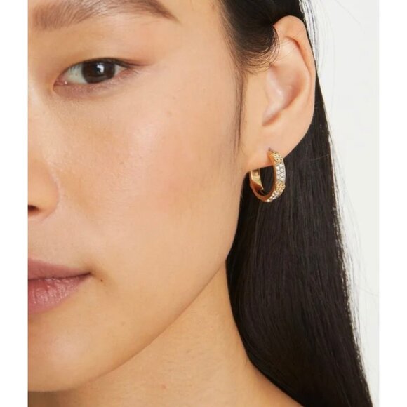 Gold-Tone Tory Burch Miller Gold and Crystal Logo Huggie/Hoops - Picture 3 of 5